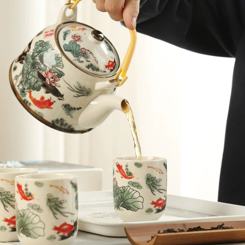 Ceramic Tea Set with 1 Teapot & 7 Cups, Lotus Koi Fish Pattern Chinese Style Teaware Cups for Home, Office, Gifting