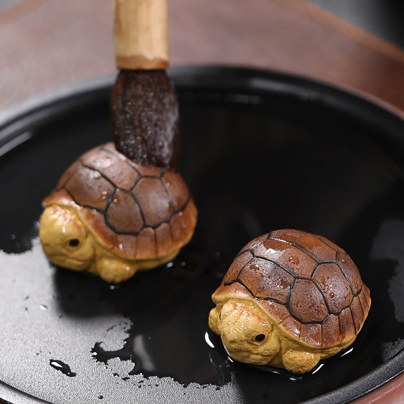 Yixing Purple Clay Turtle Tea Pet Set of 2, Handmade Cute Tortoise Tea Figurine (H3.0cm x W4.3cm x L5.2cm), Decorative Tea Table Ornament for Tea Ceremony Enthusiast
