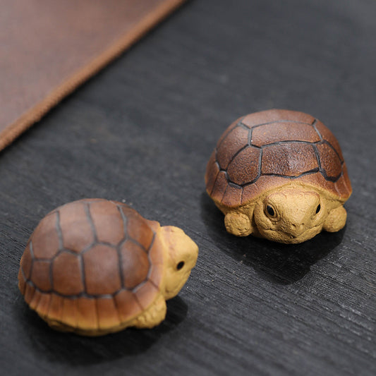 Yixing Purple Clay Turtle Tea Pet Set of 2, Handmade Cute Tortoise Tea Figurine (H3.0cm x W4.3cm x L5.2cm), Decorative Tea Table Ornament for Tea Ceremony Enthusiast