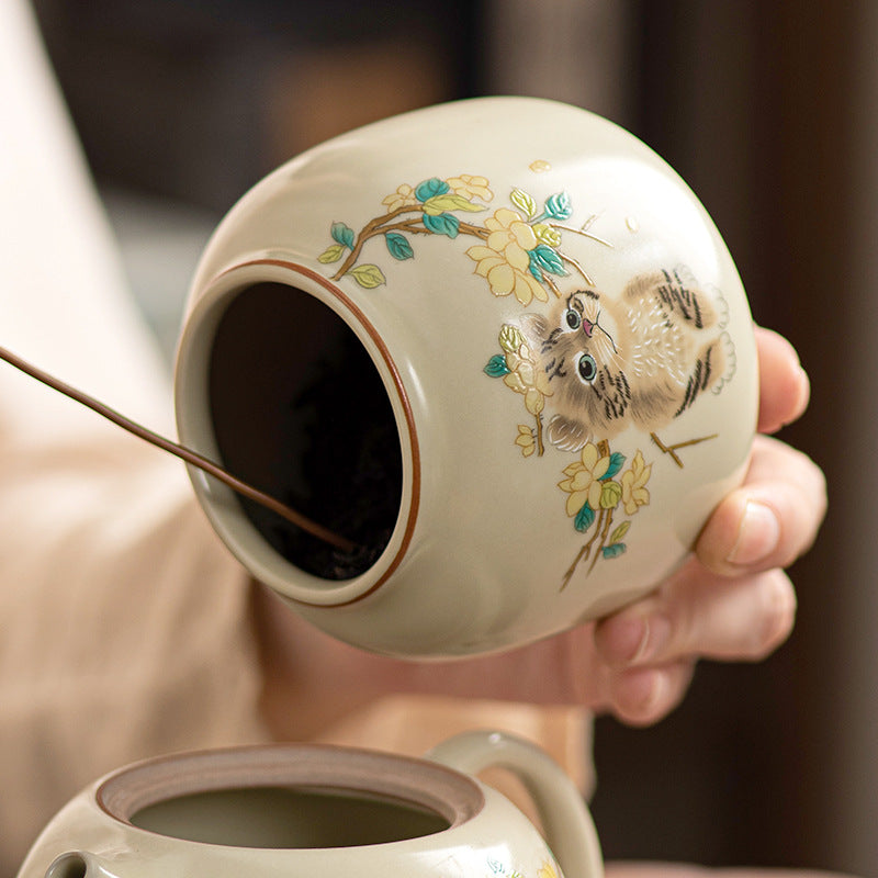 Cute Cat Patterned Ceramic Tea Jar, Tea Storage Jar, Sealed Jar, Storage Jar, Capacity 200ML, Suitable For Loose Leaf Tea, Spices, Coffee Beans