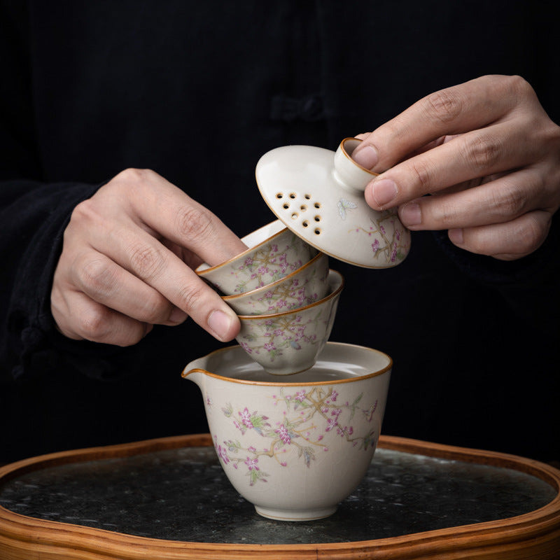 Vintage Floral Ceramic Travel Tea Set,Hand-painted Chinese Tea Kit for Travel, Office & Gifting