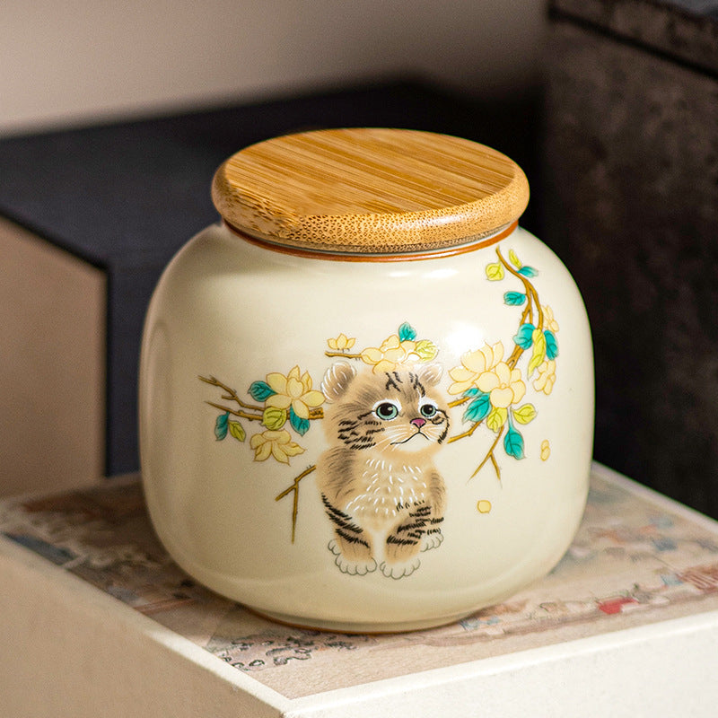 Cute Cat Patterned Ceramic Tea Jar, Tea Storage Jar, Sealed Jar, Storage Jar, Capacity 200ML, Suitable For Loose Leaf Tea, Spices, Coffee Beans