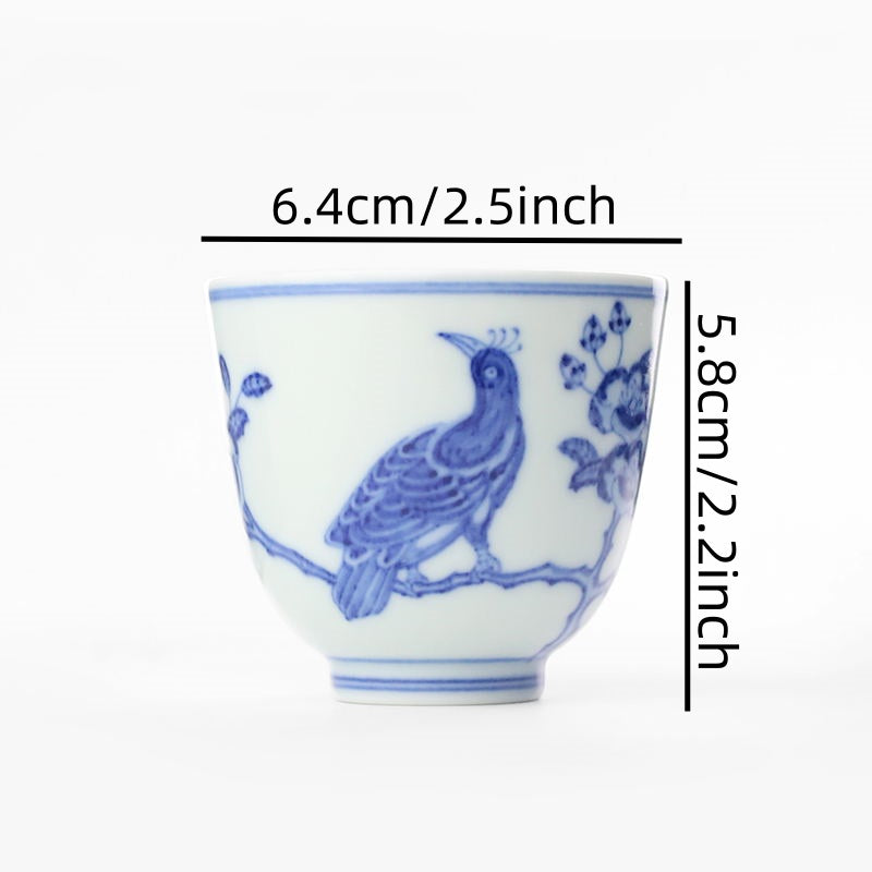 Shouzang kiln blue and white Myna peach blossom master cup single cup Jingdezhen Chinese hand-painted sample tea cup