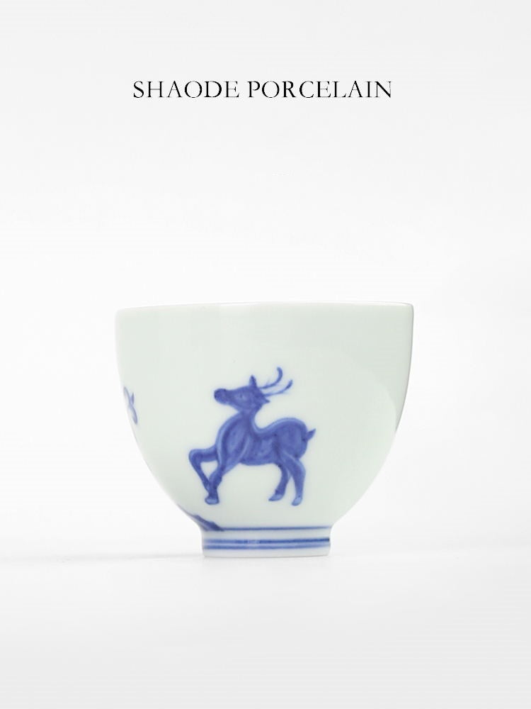 Shouzang kiln blue and white pine deer Yanian master cup single cup Jingdezhen Chinese retro hand-painted tea set sample tea cup