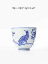 Shouzang kiln blue and white Myna peach blossom master cup single cup Jingdezhen Chinese hand-painted sample tea cup