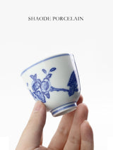 Shouzang kiln blue and white Myna peach blossom master cup single cup Jingdezhen Chinese hand-painted sample tea cup