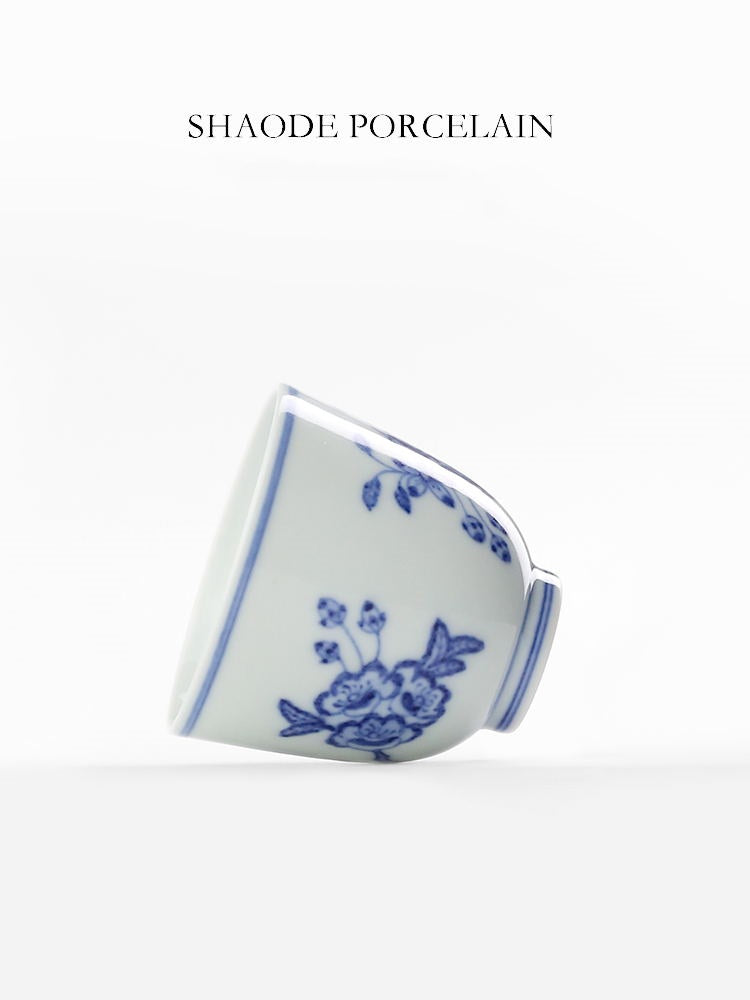 Shouzang kiln blue and white Myna peach blossom master cup single cup Jingdezhen Chinese hand-painted sample tea cup