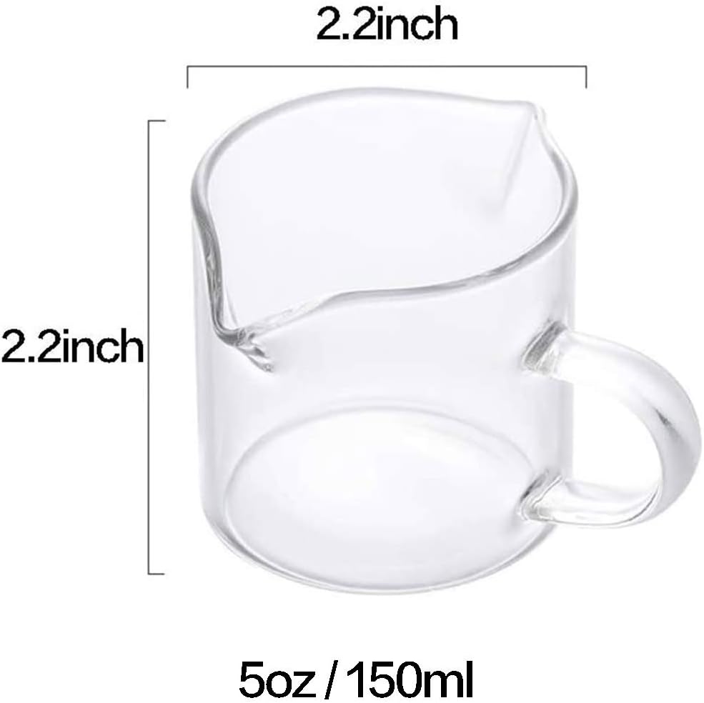 2-Pack Small Glass Pitchers with Handle & Spout, 5oz/150ml Clear Glass Cups for Espresso, Coffee, Milk, Hot & Cold Beverages
