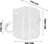 Clear glass pitcher with two spouts and handle, detailed dimension diagram on white background