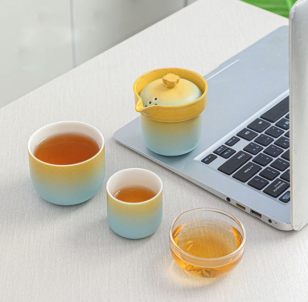 Yellow and blue gradient ceramic travel tea set