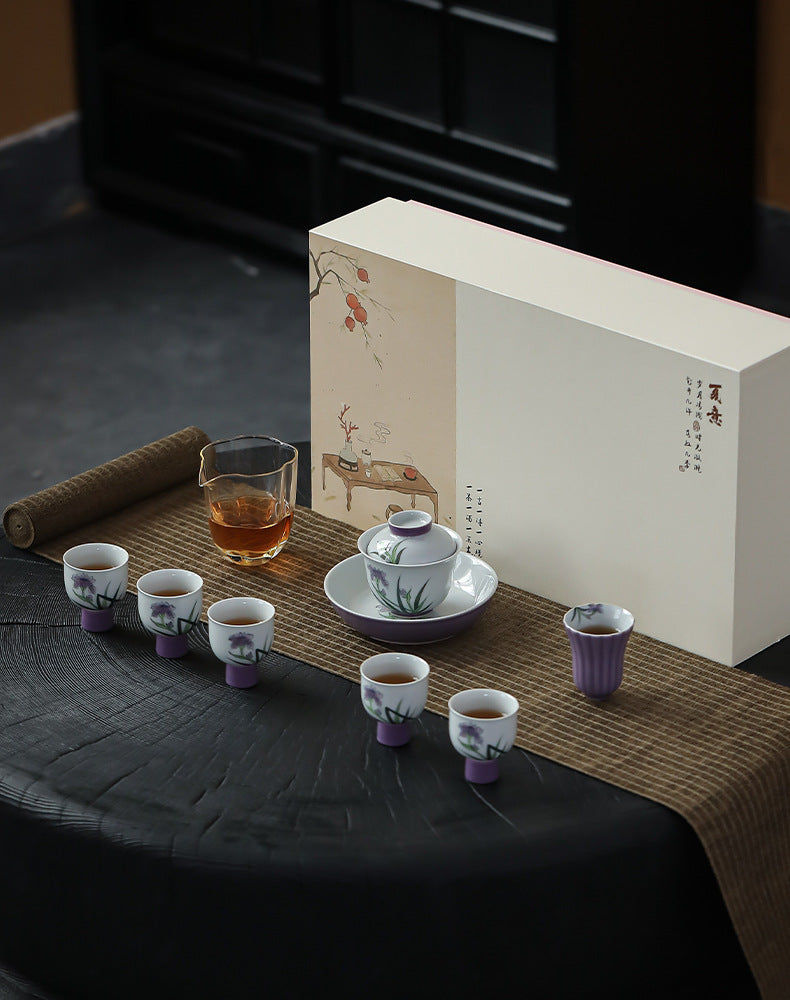 Purple Orchid Porcelain Tea Set Kung Fu Ceramic Teapot Set