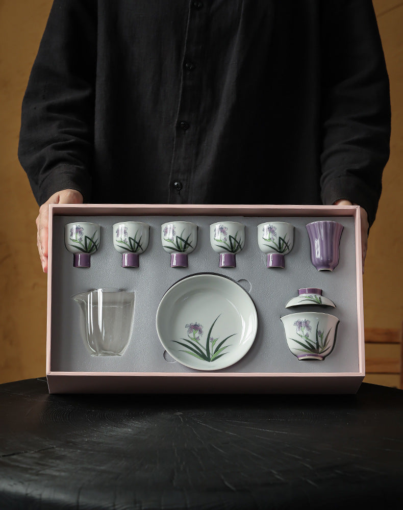 Purple Orchid Porcelain Tea Set Kung Fu Ceramic Teapot Set