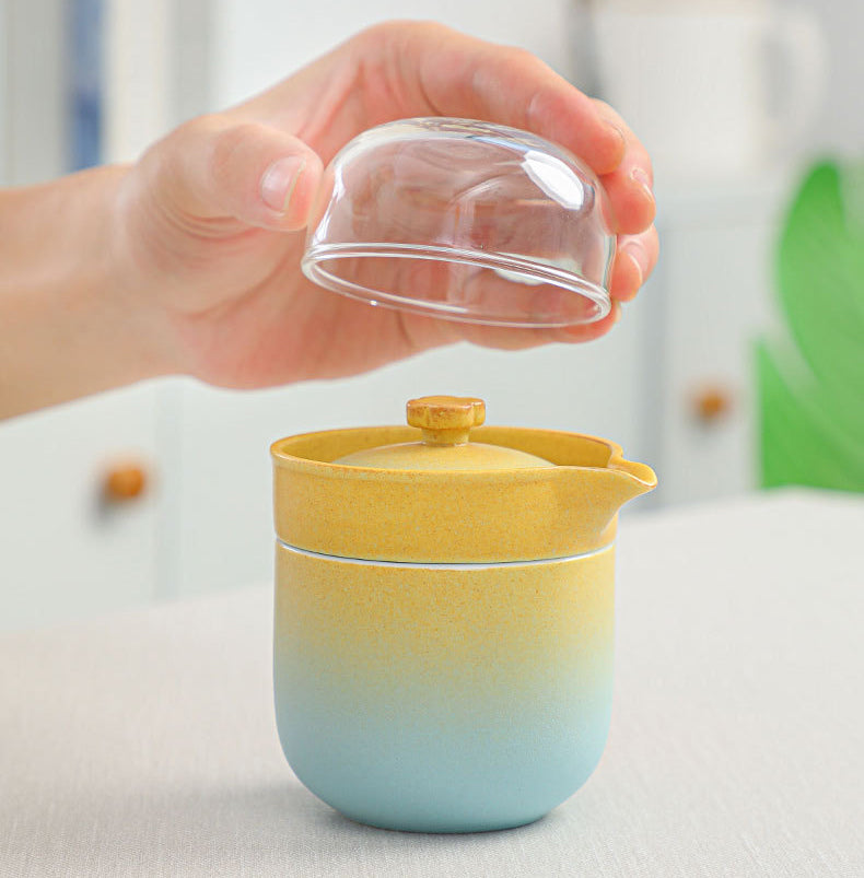 Yellow and blue gradient ceramic travel tea set