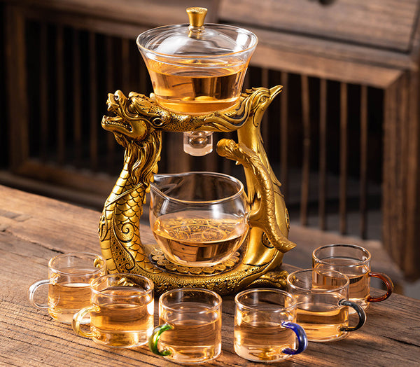 Lazy Kungfu Glass Tea Set Dragon and Phoenix Teapot Suit