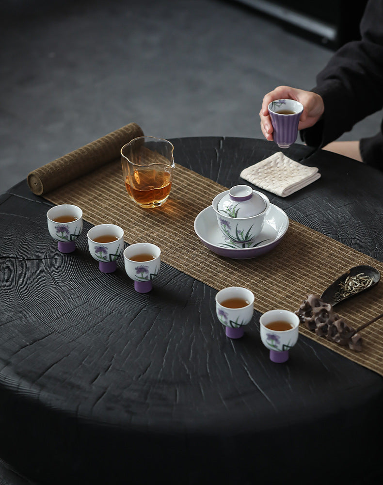 Purple Orchid Porcelain Tea Set Kung Fu Ceramic Teapot Set