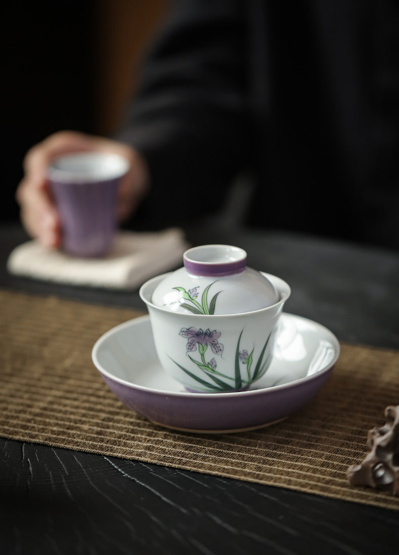 Purple Orchid Porcelain Tea Set Kung Fu Ceramic Teapot Set