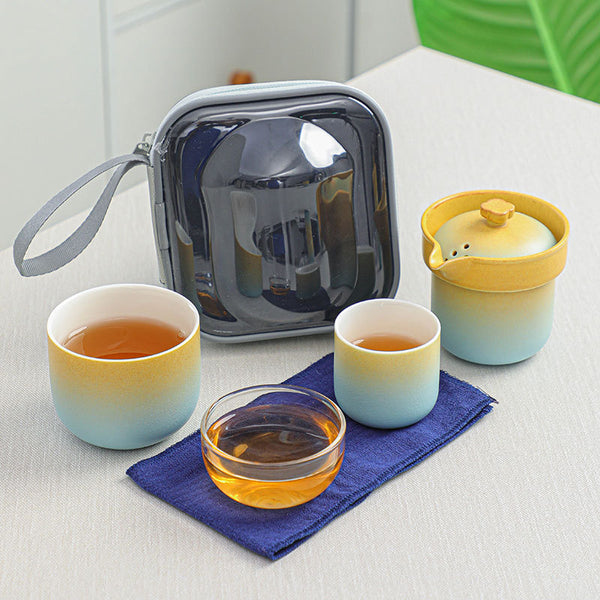 Yellow and blue gradient ceramic travel tea set