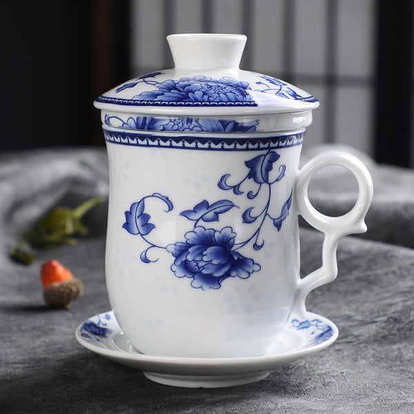 Chinese Jingdezhen Ceramics Teacup with Infuser Lid and Saucer Sets