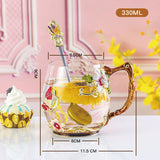 Enamel Sunflower Crystal Glass Tea Cup with Spoon & Crystal Lid & Gift Box