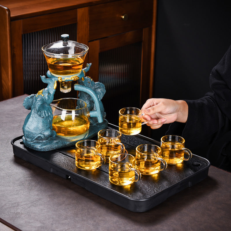 RORA Lazy Kungfu Glass Tea Set Magnetic Water Diversion Rotating (6 tea cups)
