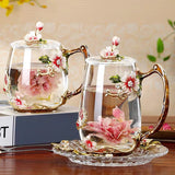 Enamel Sunflower Crystal Glass Tea Cup with Spoon & Crystal Lid & Gift Box