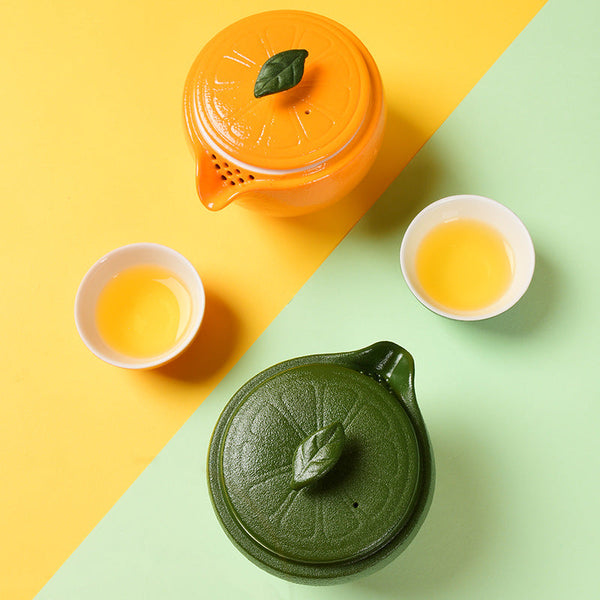 Ceramic Teapots with 3 Cups Orange Shape Travel Tea Set