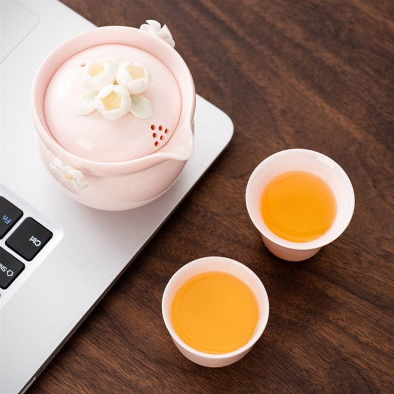 Pink Porcelain Teapot Set Handmade Plum Blossoms Travel Tea Set