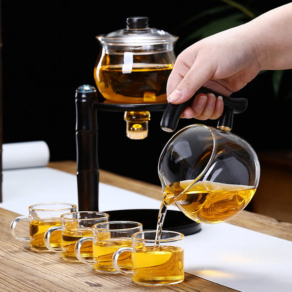 Glass Tea Brewing Set with Magnetic Automatic Dispenser - Masu Tea Dispenser + Six Teacups