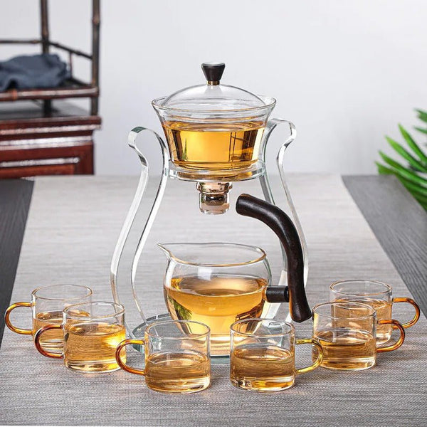 Glass Tea Brewing Set with Magnetic Automatic Dispenser - Masu Tea Dispenser + Six Teacups