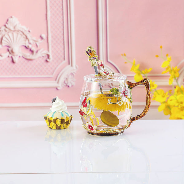 Enamel Sunflower Crystal Glass Tea Cup with Spoon & Crystal Lid & Gift Box